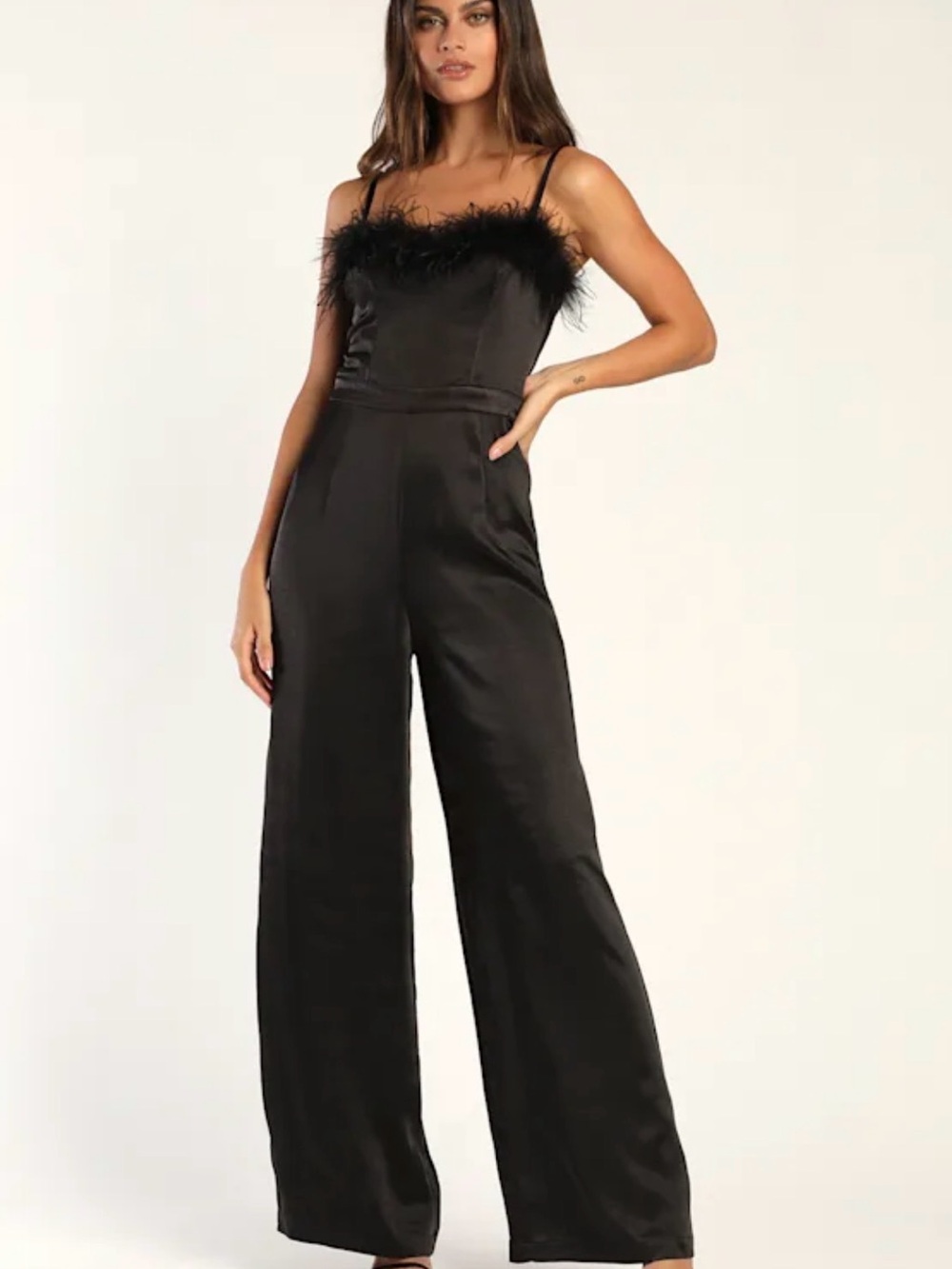 Lulu's Black Satin Feather-Trim Wide-Leg Jumpsuit